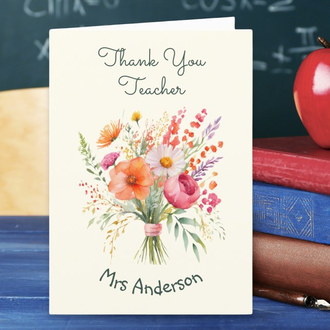 Cartão De Agradecimento Flores de Buquê Floral Professores Personalizados  (A personalized card with 'Thank You Teacher' words and picture of a hand-tied bouquet of flowers)