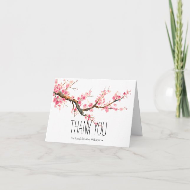 Cartão De Agradecimento Flores de Cerejeira e Pássaros Obrigado (Frente)