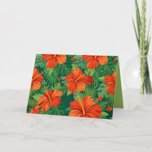 Cartão De Agradecimento Flores de Hibisco Vermelho Laranja Verde Folhagem