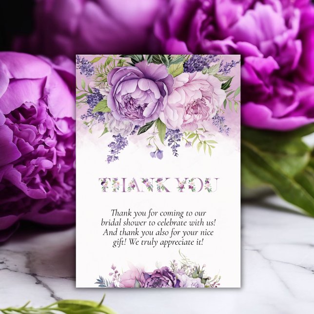 Cartão De Agradecimento Flores de Jardim Roxas e Rosas para Chá de Noiva (Purple & Pink Garden Flowers Bridal Shower Thank You Card)