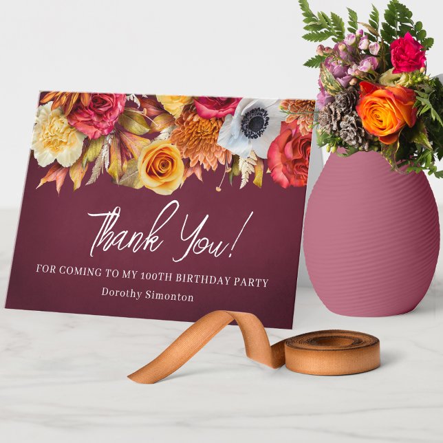 Cartão De Agradecimento Flores de Queda 100º Aniversário Dobrado (Beautiful way to say thank you this fall. Burgundy background with earth tone flowers and white text)