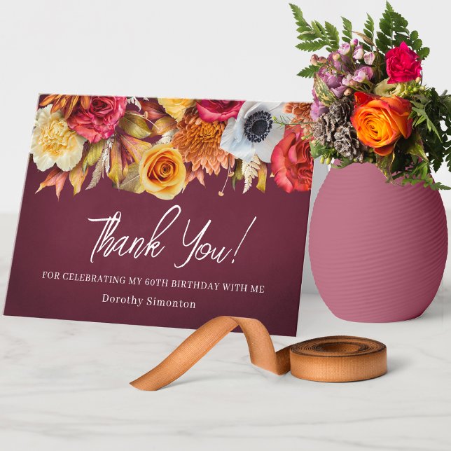Cartão De Agradecimento Flores de Queda 60º Aniversário Dobradas (60th birthday fall thank you note. Lots of matching products. Message me for help to see them!)