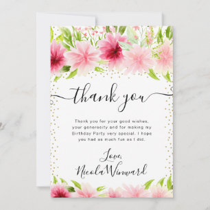 Cartão De Agradecimento Flores de Verão Rosa em Aquarela Aniversário