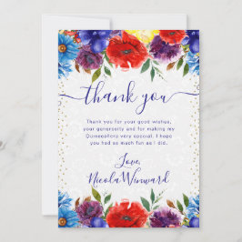 Cartão De Agradecimento Flores de Verão Vermelhas e Azuis Quinceanera