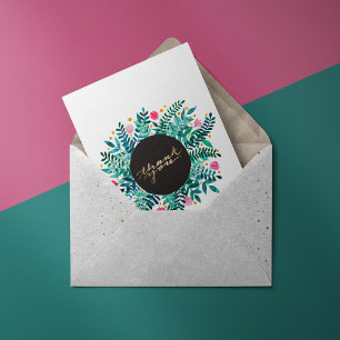 Cartão De Agradecimento Flores e folhagem, cor-de-rosa e verde