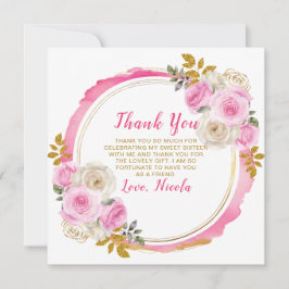 Cartão De Agradecimento Flores Elegantes Douradas e Rosa Brilhantes Doce D