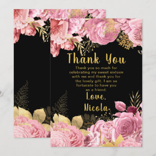 Cartão De Agradecimento Flores Elegantes Rosa e Dourado Sweet Sixteen