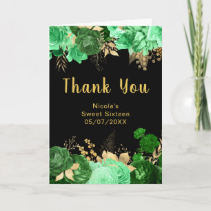 Cartão De Agradecimento Flores Elegantes Verdes e Douradas Sweet Sixteen
