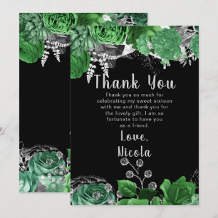 Cartão De Agradecimento Flores Elegantes Verdes e Prata Sweet Sixteen