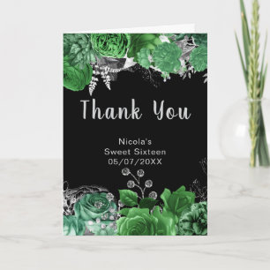 Cartão De Agradecimento Flores Elegantes Verdes e Prata Sweet Sixteen 