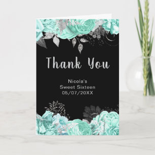 Cartão De Agradecimento Flores Elegantes Verdes e Prateadas Sweet Sixteen