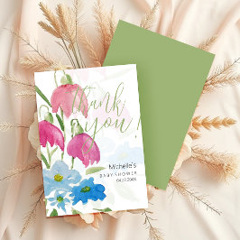 Cartão De Agradecimento Flores em Aquarela Rosa e Azul Claro