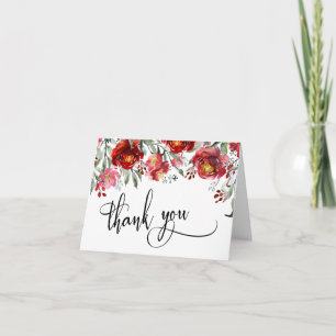 Cartão De Agradecimento Flores em Aquarela Vermelho Borgonha Obrigado Scri