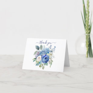 Cartão De Agradecimento Flores Florais de Aquarela Azul Branco Folhagem