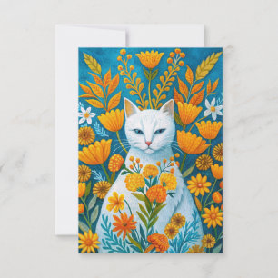 Cartão De Agradecimento Flores laranja e gato branco