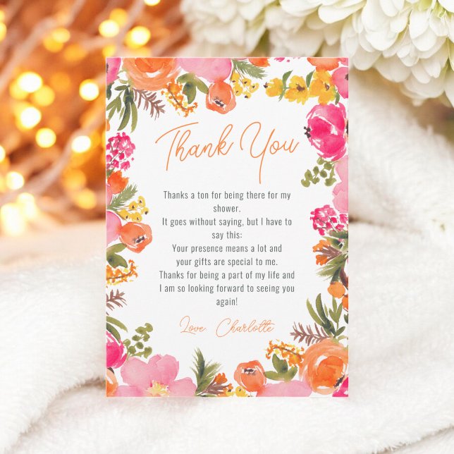 Cartão De Agradecimento Flores laranja modernas e ousadas, chá de bebê de  (Modern bold orange flowers script bridal shower thank you card)