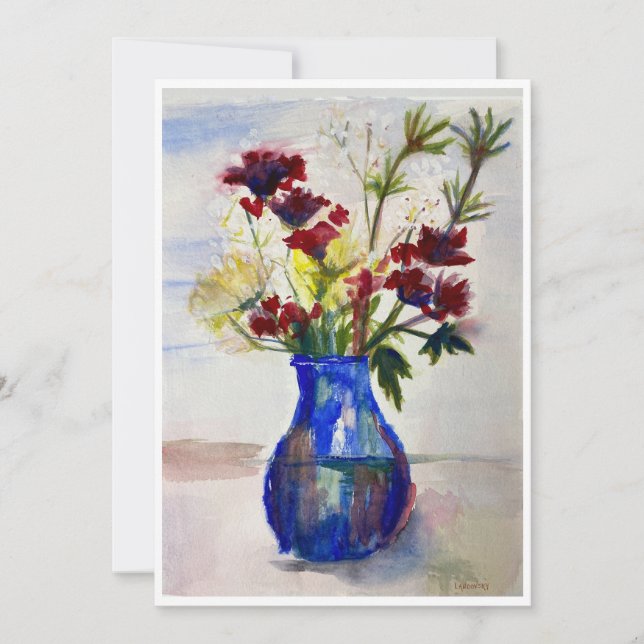 Cartão De Agradecimento Flores no Impressão de Aquarela Azul Vase (Frente)