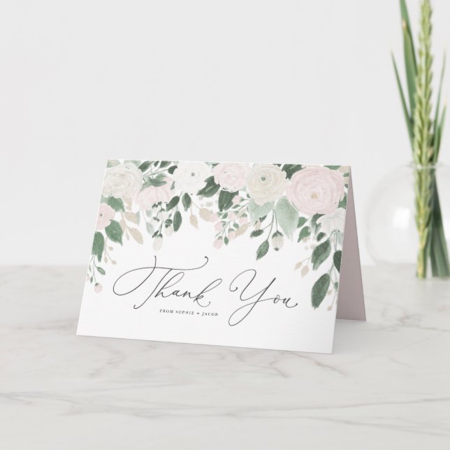 Cartão De Agradecimento Flores Pastel da aguarela com as folhas Dourados (Frente)