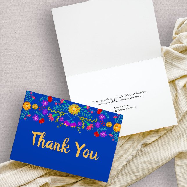 Cartão De Agradecimento Flores Real do Fiesta Mexicano (Royal Blue mexican fiesta floral thank you card)