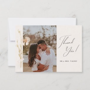 Cartão De Agradecimento Flores Românticas Prensadas Foto de Casamento Crem