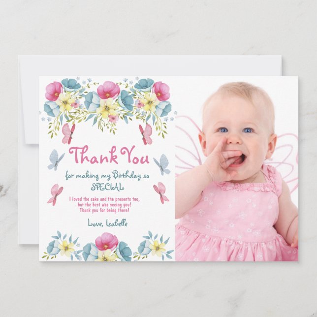 Cartão De Agradecimento Flores Rosa Borboletas Foto Aniversário (Frente)