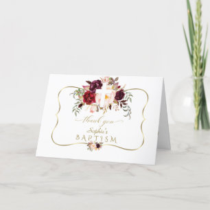 Cartão De Agradecimento Flores Rosa Brilhantes Batismo Dourado da Cruz Bra