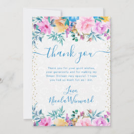 Cartão De Agradecimento Flores Rosa e Azul em Aquarela Sweet 16