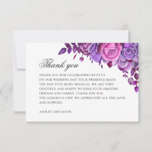 Cartão De Agradecimento Flores rosa e roxa. Casamento de Watercolor Lilac