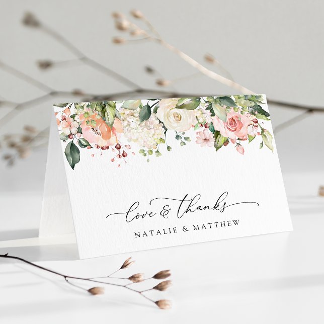 Cartão De Agradecimento Flores Rosa, Flores Brancas, Verde, Casamento (Criador carregado)