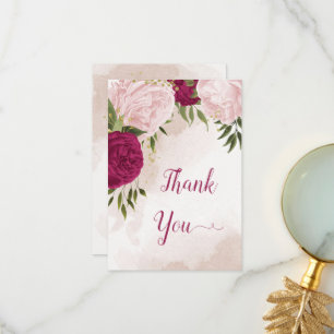 Cartão De Agradecimento flores rosa magenta folhas verdes casamento