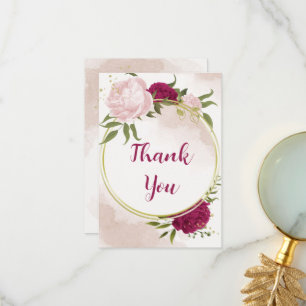 Cartão De Agradecimento flores rosa magenta folhas verdes casamento