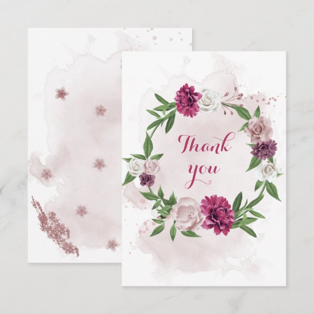 Cartão De Agradecimento flores rosa-mauve flores verde coroa (Frente/Verso)