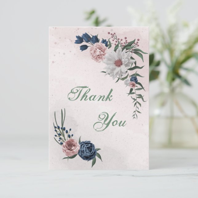 Cartão De Agradecimento flores rosas, brancas e azuis marinhos (Em pé/Frente)