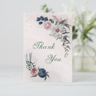 Cartão De Agradecimento flores rosas, brancas e azuis marinhos
