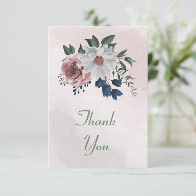 Cartão De Agradecimento flores rosas, brancas e azuis marinhos (Em pé/Frente)