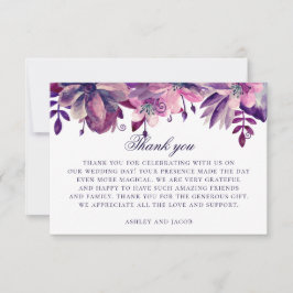 Cartão De Agradecimento Flores roxas e rosadas em aquarela. Casamento flor