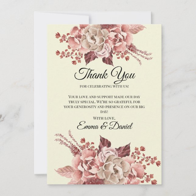 Cartão De Agradecimento Flores Rusticas de Outono em Fundo Creme de Aquare (Frente)
