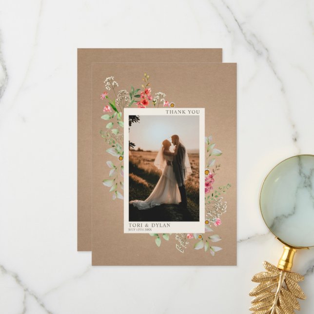 Cartão De Agradecimento Flores Selvagens Cardstock Boho Boho Foto de Casam (Frente/Verso In Situ)