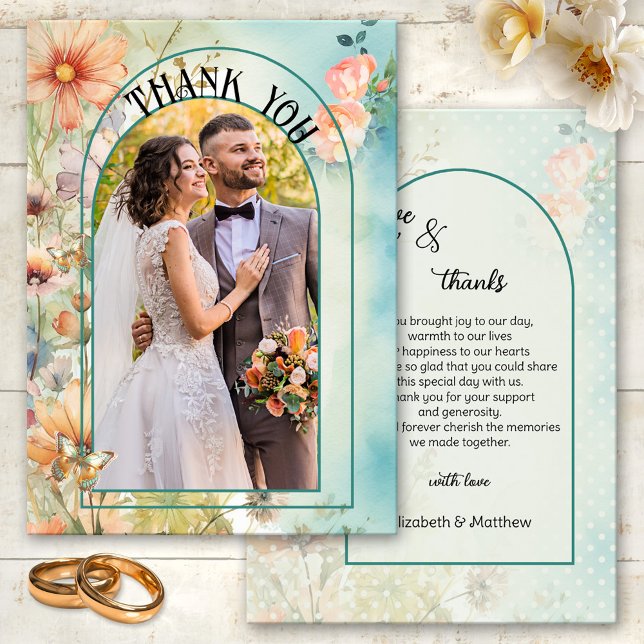 Cartão De Agradecimento Flores Selvagens Vias Aquarelas Foto De Casamento  (Wedding Thank You card featuring your photo framed by a boho chic design with watercolor wildflowers)