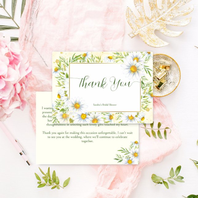 Cartão De Agradecimento Flores silvestres de margaridas primavera verão ch (Wild daisy flowers spring summer bridal shower thank you card green yellow floral thank you cards)