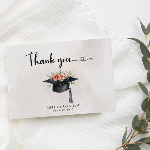 Cartão De Agradecimento Flores Simples de Boina de Graduado Moderno Gradua