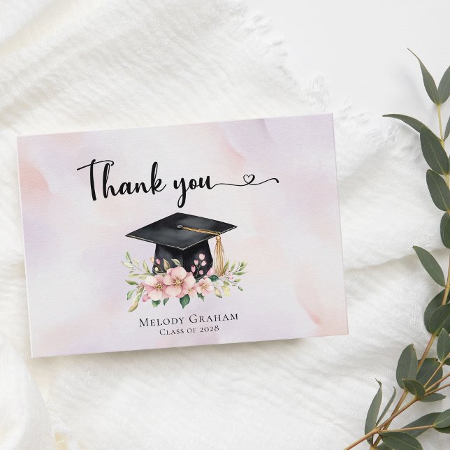 Cartão De Agradecimento Flores Simples de Graduação com Boina Pastel (Criador carregado)