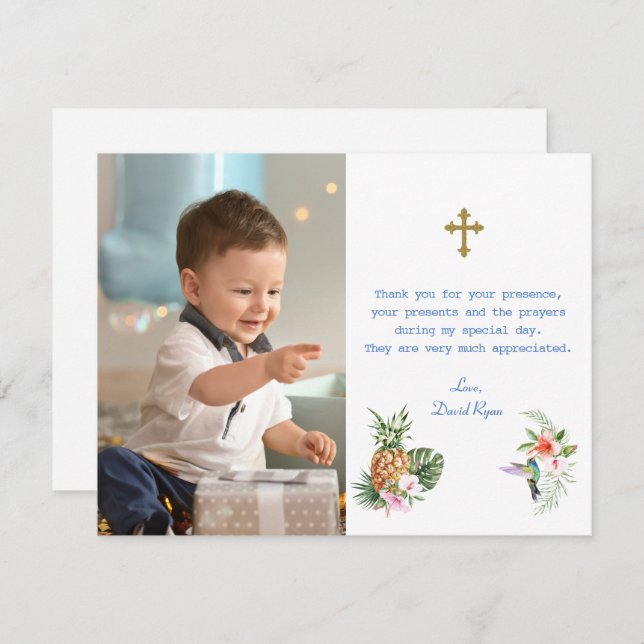 Cartão De Agradecimento Flores Tropicais Foto de Criança de Aves (Frente/Verso)