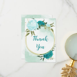 Cartão De Agradecimento flores turquesa folhas verdes casamento