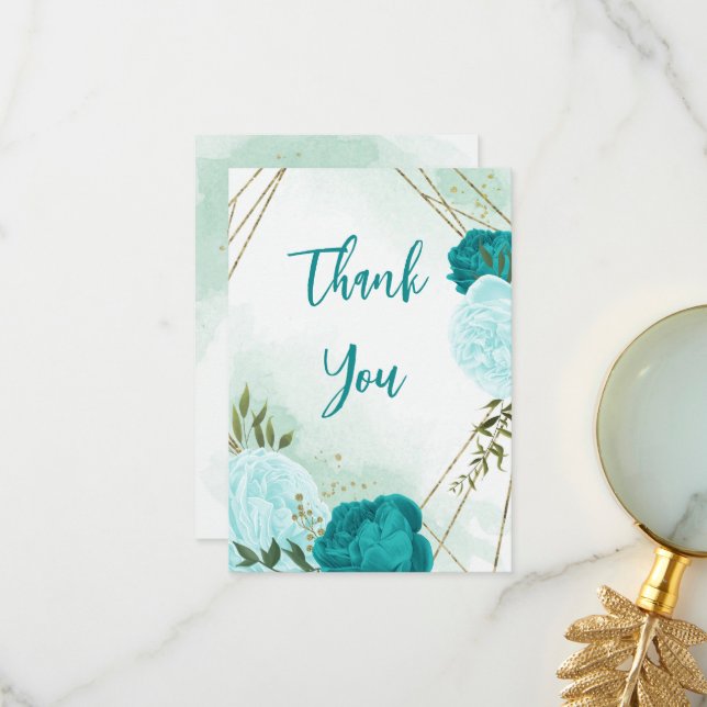 Cartão De Agradecimento flores turquesas folhas verdes casamento (Frente/Verso In Situ)