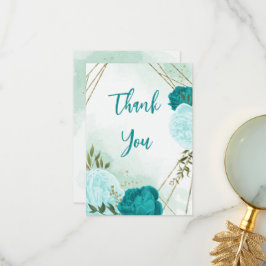 Cartão De Agradecimento flores turquesas folhas verdes casamento