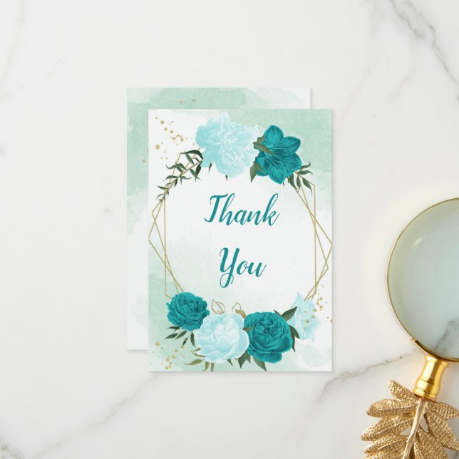 Cartão De Agradecimento flores turquesas folhas verdes casamento (Frente/Verso In Situ)