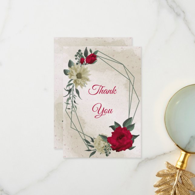 Cartão De Agradecimento flores vermelhas e amarelas claras e folhas verdes (Frente/Verso In Situ)