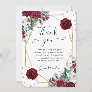Cartão De Agradecimento Flores Vermelhas e Brancas Quadro Quinceanera