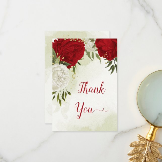 Cartão De Agradecimento flores vermelhas folhas verdes (Frente/Verso In Situ)